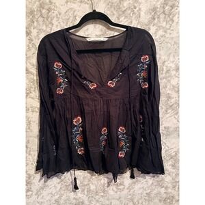 Zara Trafaluc Boho Black Floral Embroidered Sheer Long Bell Sleeve Peasant Top M